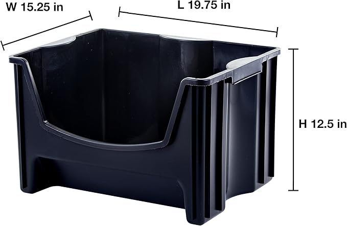 Mighty Tuff Jumbo Stackable Storage Bins, Pack of 3, Easy-Access Storage, Large Easy-To-Grip Handles, Wide Front Opening, Interlocking, Stack Vertically, Black
