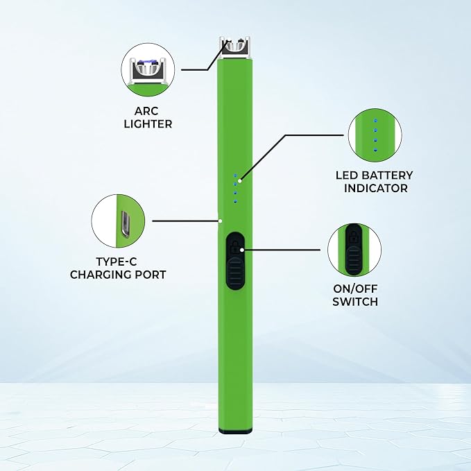 FIGHTSENSE USB Rechargeable Candle Lighter,Plasma Arc Windproof Flameless Long Electric Lighter with Safety Switch,LED Battery Display,Used for BBQ Fireplace,Camping,Stove Kitchen (Green)