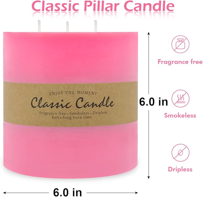 Large 3-Wick Pink Pillar Candle - 6x6 Inch Dripless & Smokeless Unscented Fat Candle, 120 Hour Long Burning Hand-Poured Thick Candle with Cotton Wicks