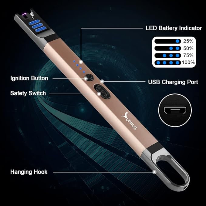 SUPRUS Candle Electric Arc Lighter Windproof Flameless USB Rechargeable Lighter with LED Light for Candle Camping BBQ Cooking (Champagne Gold&Champagne Gold)