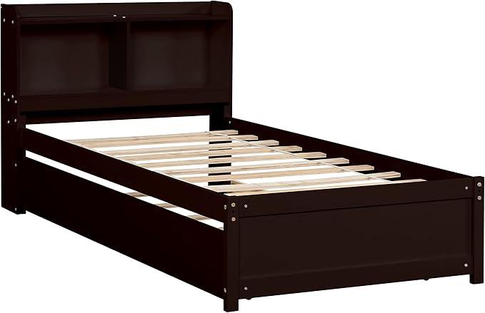 Harper & Bright Designs Twin Size Platform Bed with Bookcase Headboard and Trundle, Wooden Twin Platform Bed Frame with Bookself for Kids Girls Boys, Espresso