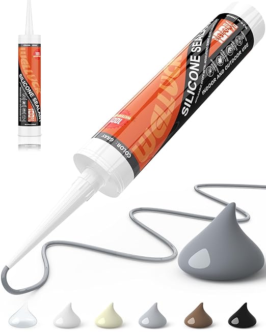 WELLUCK Gray Silicone Caulk, 100% Waterproof Silicone Sealant Adhesive Caulking,for RV, Kitchen,Bathroom, Window, Door, Glass,10.2FL.OZ/300ML（1 Pack）
