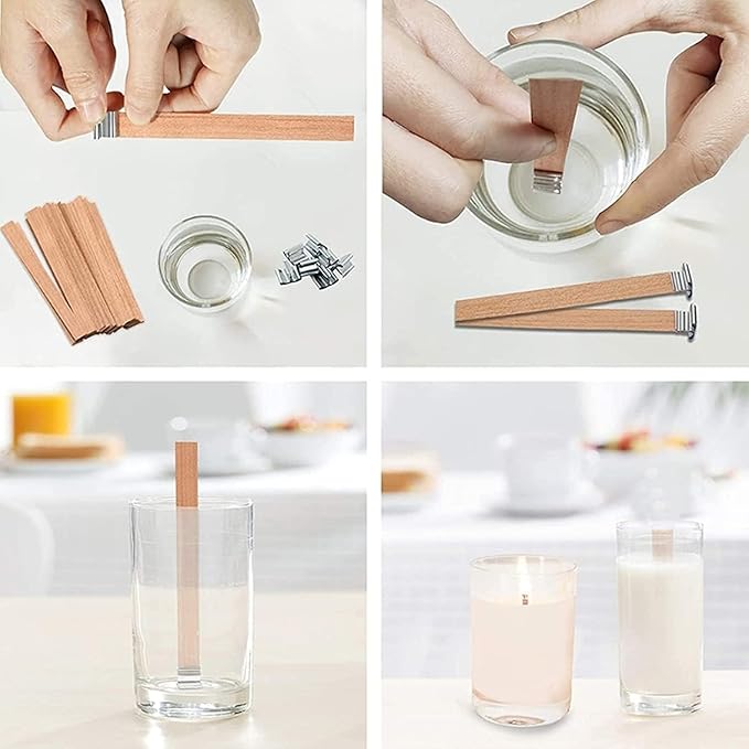 100 pcs Wooden Candle Wicks for Candle Making 0.75 * 5.1 inch Crackling Wood Wicks/Smokeless Candle Wick with Metal Base Clip 50 Sets