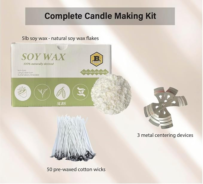 Beesworks Soy Wax | 5lbs Natural Soy Wax Flakes | 100 6-Inch Cotton Candle Wicks, 3 Metal Centering Devices, 5lbs Soy Wax for DIY Candle Making