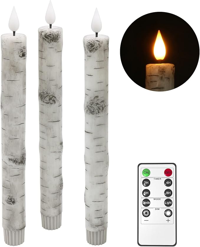 PChero Flameless Taper Candles with Remote Timer, Pack of 3 Birch Bark Real Wax Battery Operated Candlesticks, 9.6 Inches LED Flickering Window Candles for Home Wedding Christmas Decor