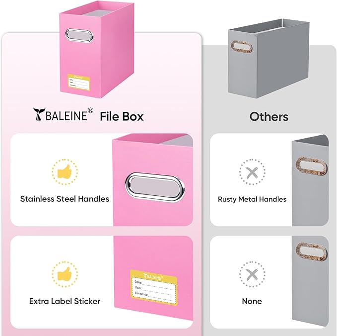BALEINE File Organizer Box, Cardboard File Folder Organizer with Handle for Letter Size, Portable Collapsible Hanging Filing Box for Home Office Document Storage (2 Pack, Pink)