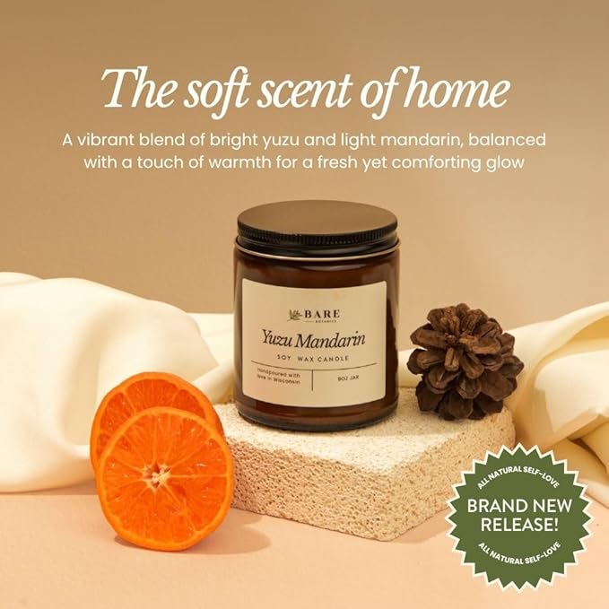 Bare Botanics Yuzu Mandarin 9oz Soy Candle - 100% Plant-Based Fragrance Oils - Premium, Non-Toxic Candle - Softly Scented Natural Soy Wax - Handpoured in WI - 40 Hrs Long Burning & Ready to Gift