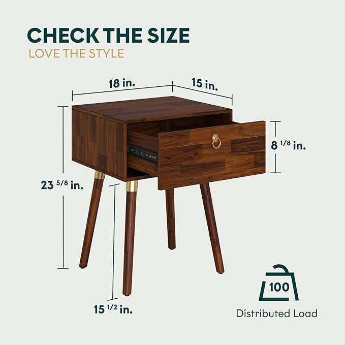 Bme Alden Solid Wood Nightstand/Side Table/End Table, Fully Assembled, with 1-Drawer for Mid Century Bedroom and Living Room, (12mm), Dark Chocolate