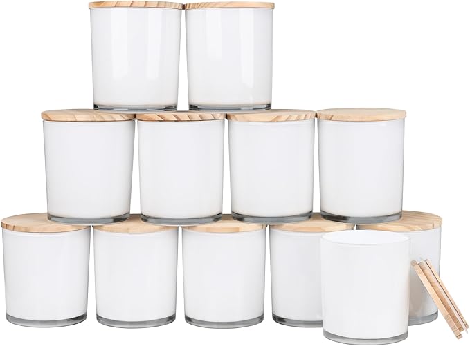 Thick Candle Jars for Making Candles 12 Pcs, 14 OZ Empty Jars with Wood Lids for Candle Making, Sample Container, Inner White
