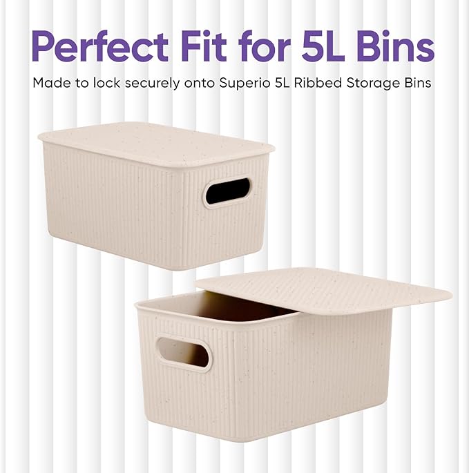Superio Ribbed Collection Lid for Eco-Friendly Decorative Plastic Basket Open Home Storage Bins Organizer Baskets, Meduim - for Organizing Closet Storage Bins for Shelves Drawer Shelf 5 Liter