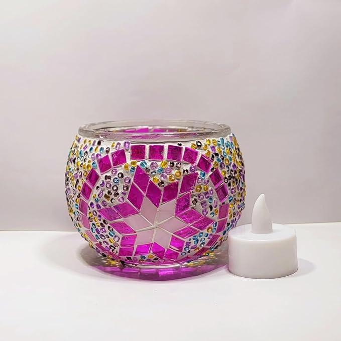 Turkish Mosaic Candle Holder Decorative Night Light Colorful Round Glass Multi-Function Ornament Student Desk Pen Holder Storage Restaurant Party Atmosphere Creation Adult Handmade Festival DIY Gift