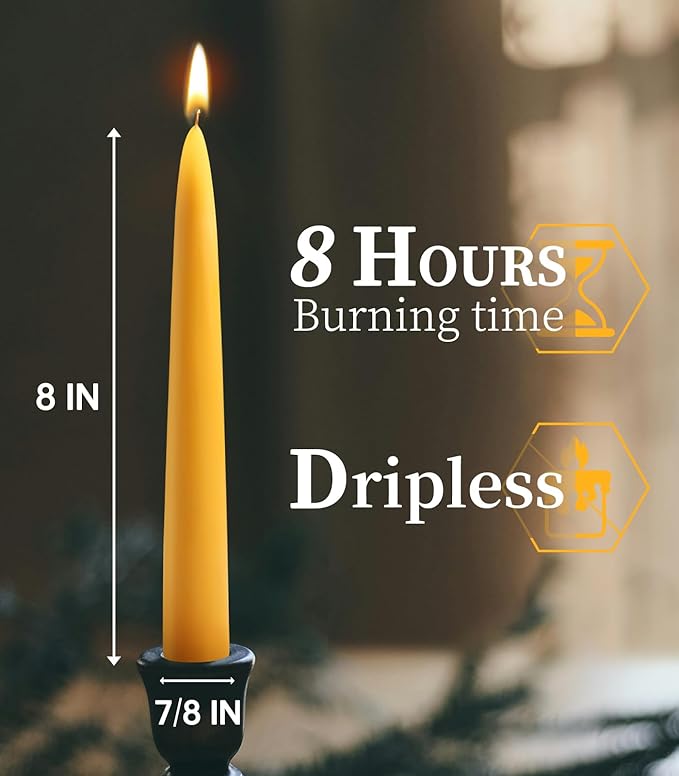 12 Pack Beeswax Taper Candles 8 inch Smokeless Beeswax Emergency Candle 8 Hour Burn Time Natural Beeswax Candlesticks Unscented Bees Wax Candle for Home Prayer