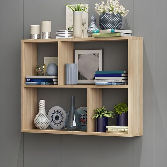 RUNNUP Floating Wall Mount Bookcase Engineered Wood Book Shelf Decor Wall Shelf for Study Room Office Living Room, Natural 31.5" L x 9.4" W x 25.6" H