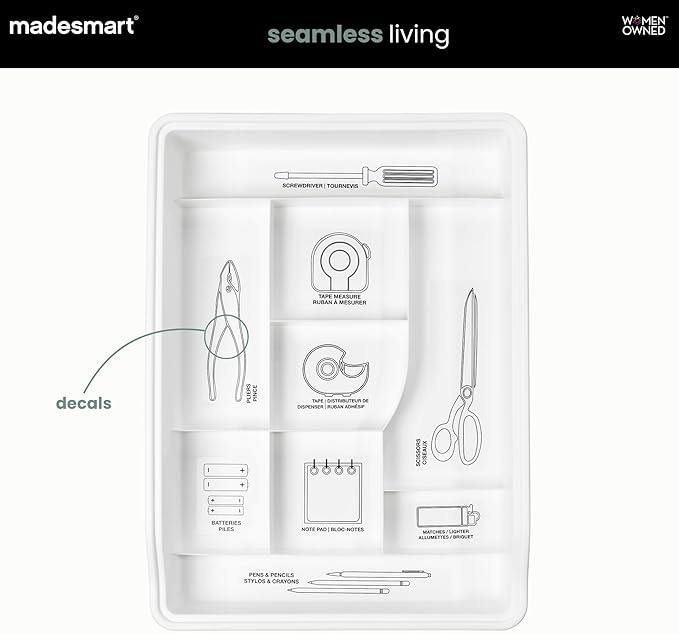 madesmart 13-Compartment Junk Drawer Organizer with Sliding Top Tray, Multi-Purpose Storage for Kitchen, Office & Bathroom Drawers, White