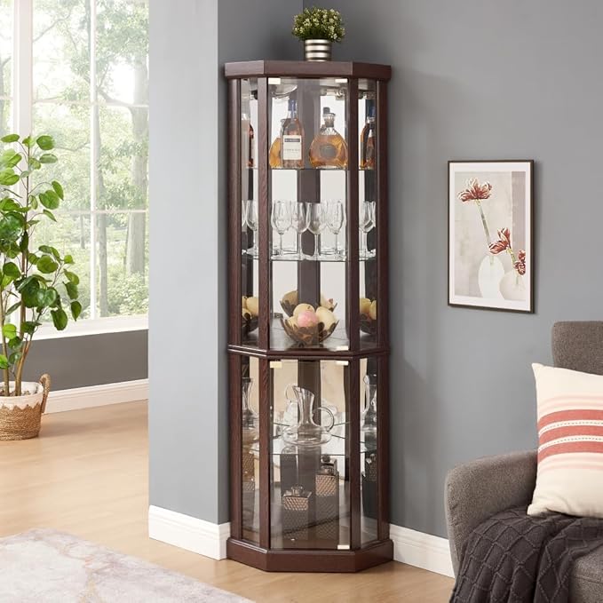Corner Lighted Glass Curio Cabinet for Living Room Space Saving Vertical Tall Display Case with Light for Antique Wine Bar Glass Storage (Cherry)