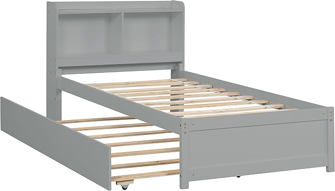 Harper & Bright Designs Twin Bed with Trundle, Twin Bed Frame with Bookcase Headboard, Wood Twin Platform Bed with Pull Out Trundle Bed for Kids Girls Boys, No Box Spring Needed, Grey