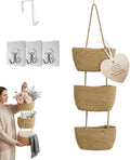 Over the Door Hanging Basket 3 Tier Woven Cotton Wall Mounted Storage Bag Boho Cottage Jute Baskets Kitchen Produce Organizer Vegetable Hang Wicker Closet Bathroom Decor Organizing Shelf(Brown)