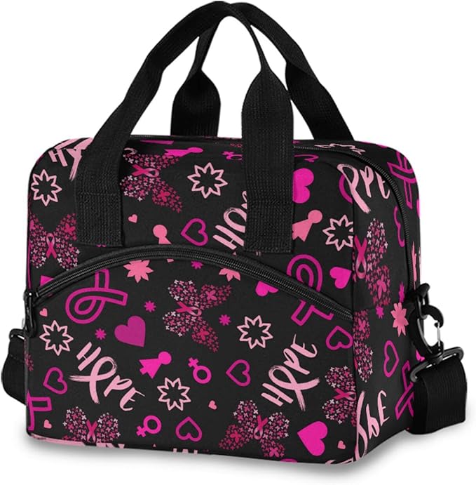 CBBYY Breast Cancer Awareness Butterfly Lunch Bags for Women Men, Reusable Insulated Lunch Box, Adjustable Shoulder Straps Tote Lunch Bag for Work Picnic School