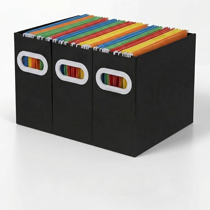 Hanging File Organizer Box, 3 Pack Black Cardboard File Folder Holder for Letter Size, Portable Desk Document Storage with Handles, for Office,Home,School