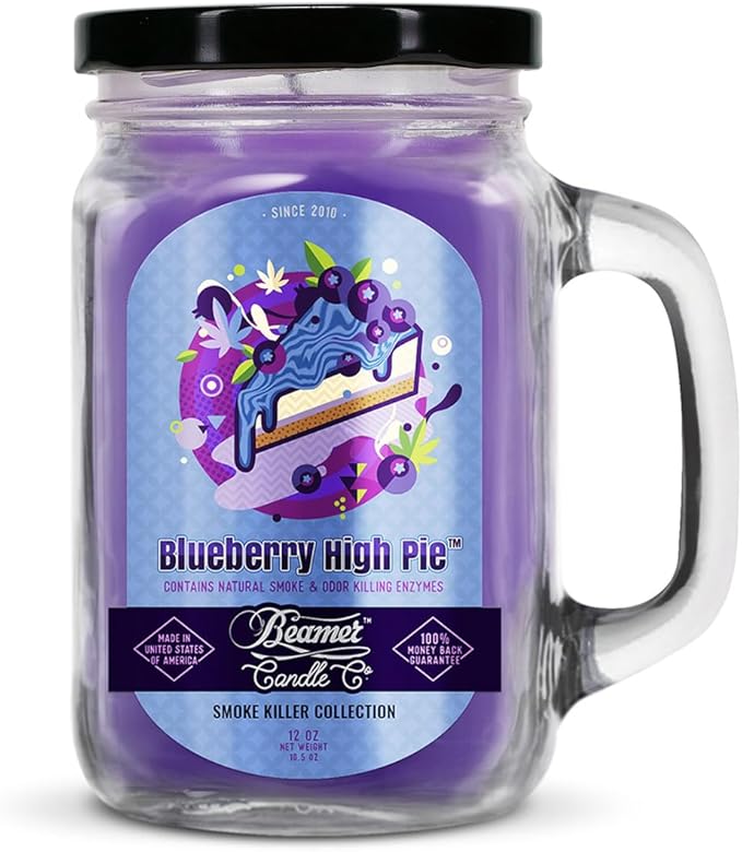 Blueberry High Pie Candle – Odor Eliminating, Strong Scent – Blueberry Pie with Baked Pastry – Long Lasting 90 Hour Burn – Large 12oz Mason Jar – Made in USA – Beamer Candle Co.