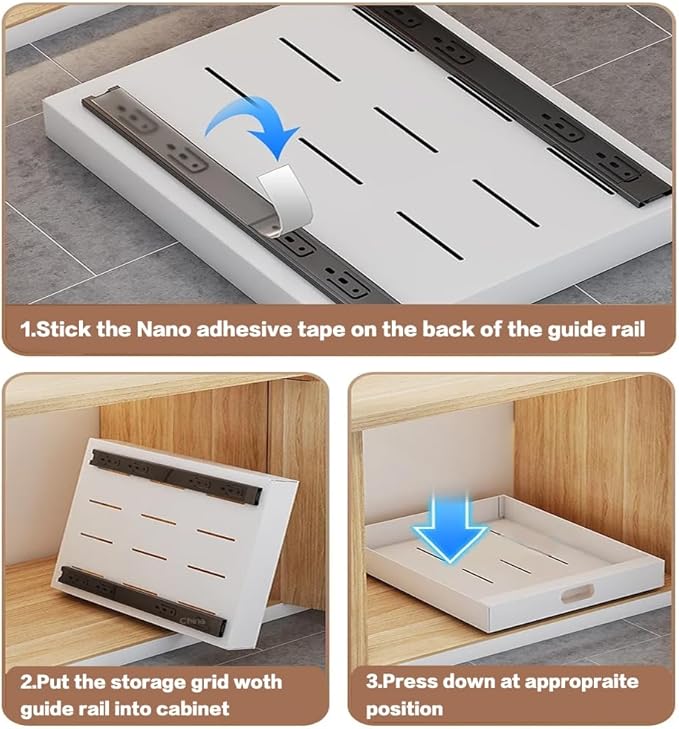 1 Pack Pull Out Cabinet Organizer Adhesive, 12'' W x 16.9"D x 3.1'' H Heavy Duty Carbon Slide Out Pantry Shelves, Sliding Drawer Pull Out Pantry Shelves for Kitchen, Living Room, Home