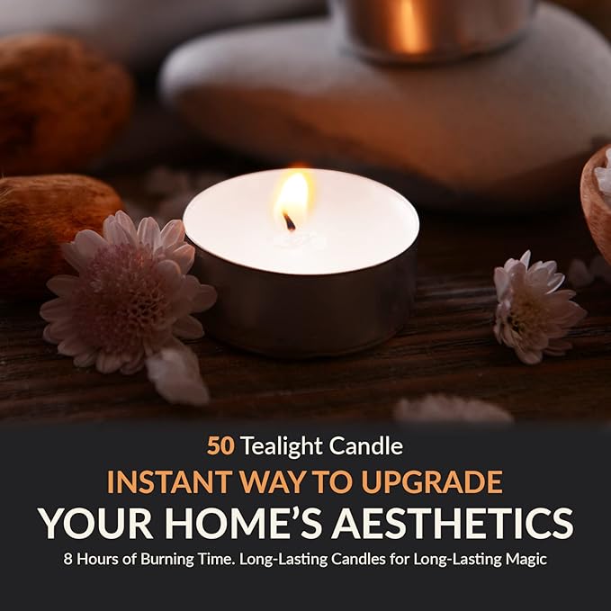 PAMI Premium Long-Lasting with 8 Hours Burning Time Unscented Round Tealight Candles [50-Pack] - Paraffin Tealights with Beautiful Flame- Perfect for Votive Candle Holders