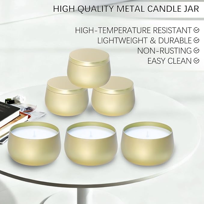 24 Pack 8oz Glod Candle Tins for Making Candles - Bulk Metal Candle Containers with Lids. Empty Round Candle Jars for DIY & Travel. Shatterproof & Sturdy Vessels for Small Business.