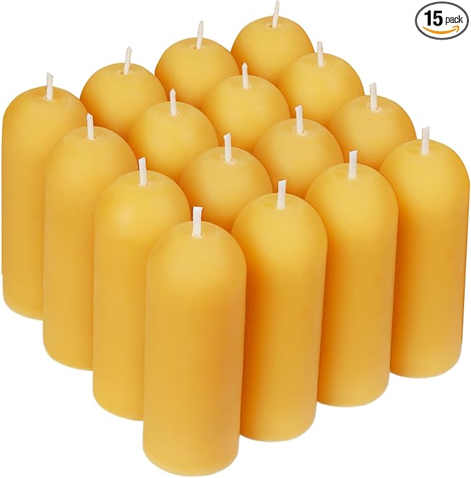 Natural Beeswax Emergency Candles, Long Lasting Burning for Outdoor,Indoor, Emergency, Power Outages - Pack of 15 - Yellow Thin Bees Wax Pillar Candle