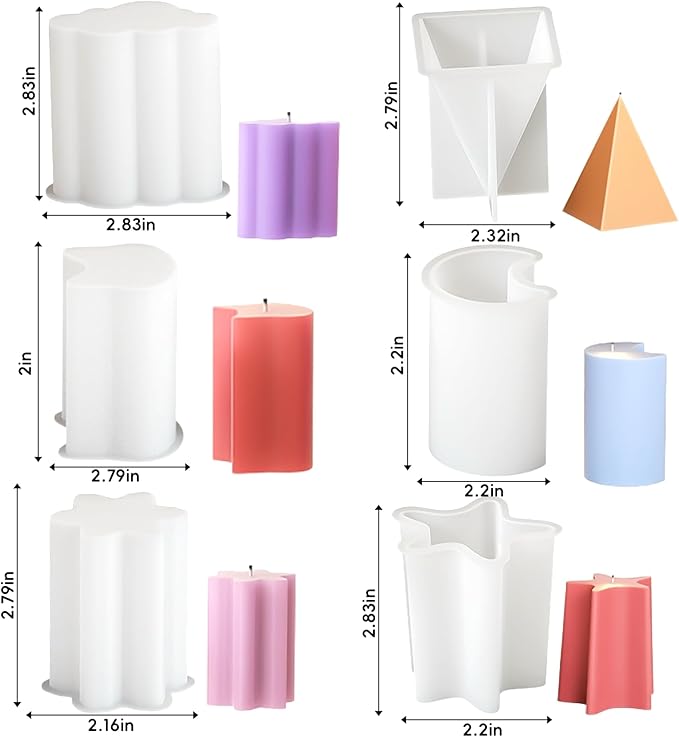 6 Pack Candle Molds for Candle Making, Moldes para Velas, Pillar Candle Mold, 3D Geometric Shape Silicone Candle Mold for DIY Scented Candle, Soy Wax, Cake, Soap, Resin Casting Craft Making