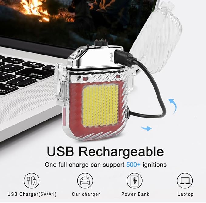 SUPRUS Waterproof Luminous Lighter of Flashlight Windproof Arc Electric Lighters Rechargeable Dual Arc Plasma (Red, 2Packs)