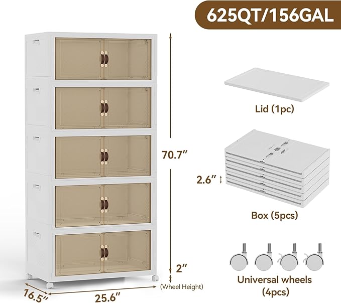 SAILUN 525QT/131Gal Stackable Storage Bins with a Lid, Collapsible Storage Bins With Doors, Folding Cabinet for Home Closet Organization,5 Pack-26 W x 16.5" D x 70.7" H White