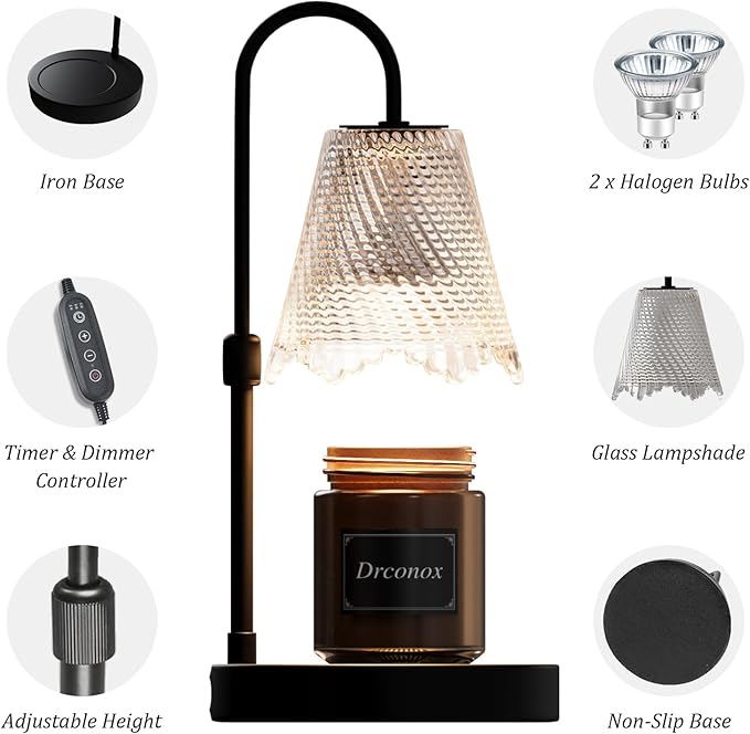Candle Warmer Lamp with Timer Dimmable, Adjustable Height Wax Melt Warmer for Jar Candles, Birthday Gifts for Women, House Warming Gifts New Home Decor with 2 Bulbs, Black