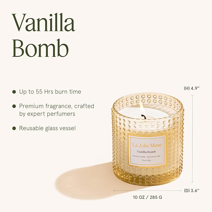 LA JOLIE MUSE Vanilla Bomb Candle –Vanilla, Lemon Zest & Patchouli | 10 oz Natural Soy Wax | 55 Hours Clean Burn | Gift-Ready for Hosts, Gatherings | Elegant Home Décor