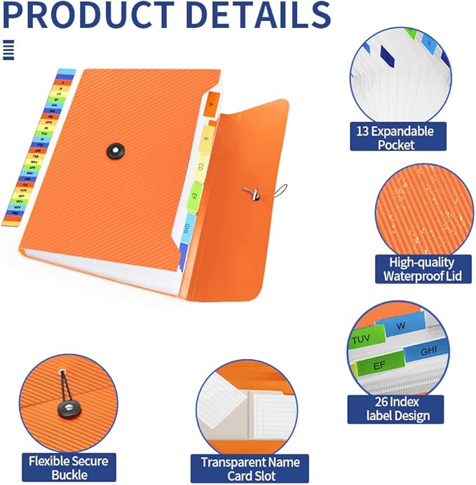 Expanding File Folder, 13 Pockets Accordian File Holder Organizer, A4 Letter Size Paper Document Receipt Organizer Accordion Filing Folder for Classroom, Home, Office and Travel, Orange