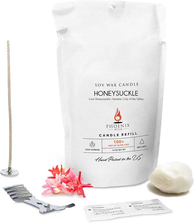 Phoenix Wick Candle Making Kit – Transform Anything Into A Candle – Candle Making Kit with Wick + 14oz Wax (Honeysuckle Scent)