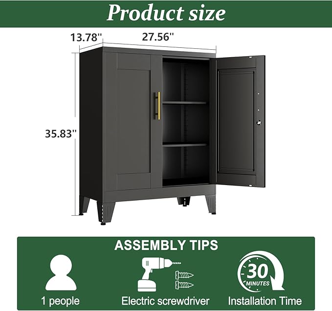 Black Metal Storage Cabinet, 36" Tall Locking Storage Cabinet with 2 Adjustable Shelves, Steel Locker Organizer, for Office, Home, School, 2PS