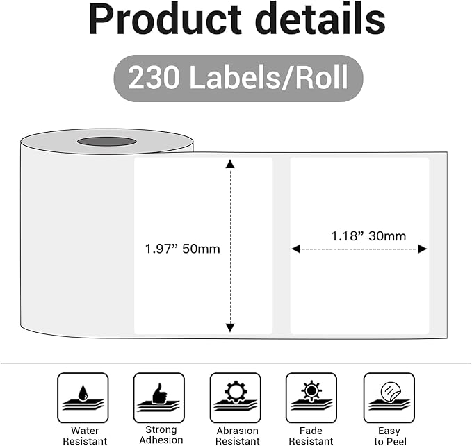 M110 Label Printer Paper, White Self-Adhesive Thermal Paper, Phomemo Label Compatible with M110 M120 M200 M220 M221 M150 M250 M260 M108 M100 Label Printer, 1.96"x1.18" (50x30mm), 230 Labels/Roll