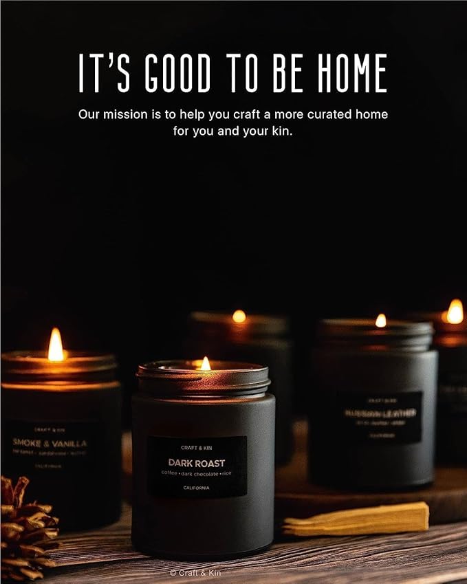 Craft & Kin Premium Dark Roast Coffee Candle | Black Scented Candles for Home | Long Lasting with 45 Hour Burn Time, 7.6oz | Soy Candle | Aromatherapy at Home | Gifts for Men