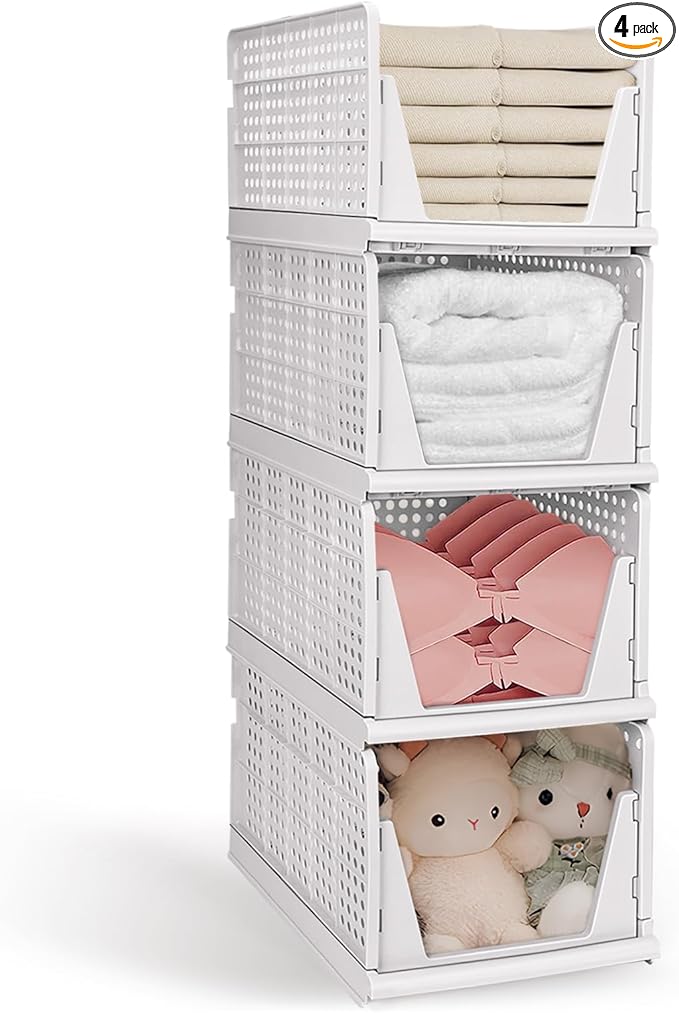 yazi 4XL Stackable Plastic Storage Basket, 4 Packs closet storage bins for clothes sweater organizer for closet Folding closet organizers