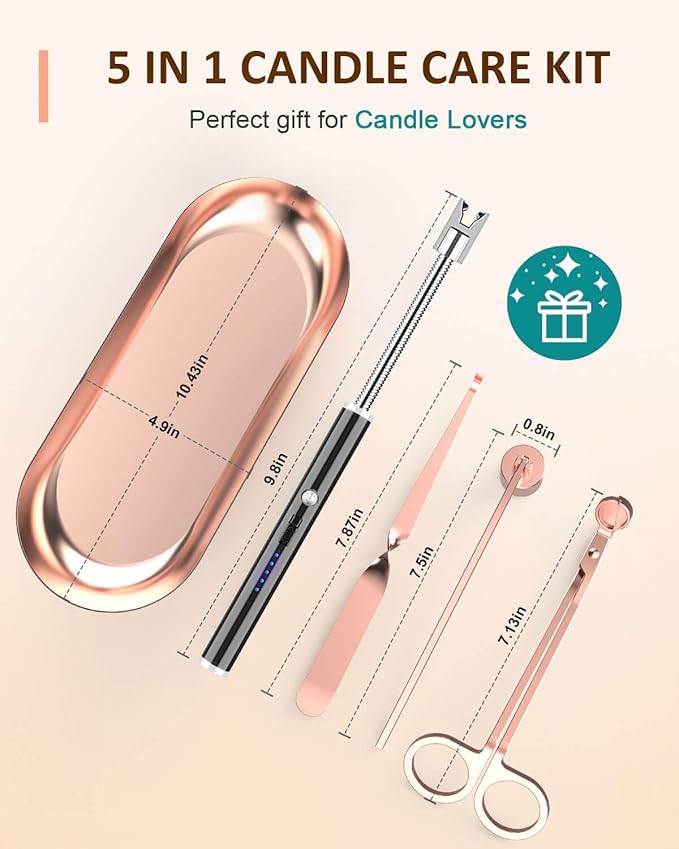 5 in 1 Candle Care Kit, Elegant Candle Wick Trimmer Set, Candle Lighter Set, Candle Snuffer, Candle Tray, Candle Wick Dipper, Candle Accessories Set for Candle Lover (Rose Gold)