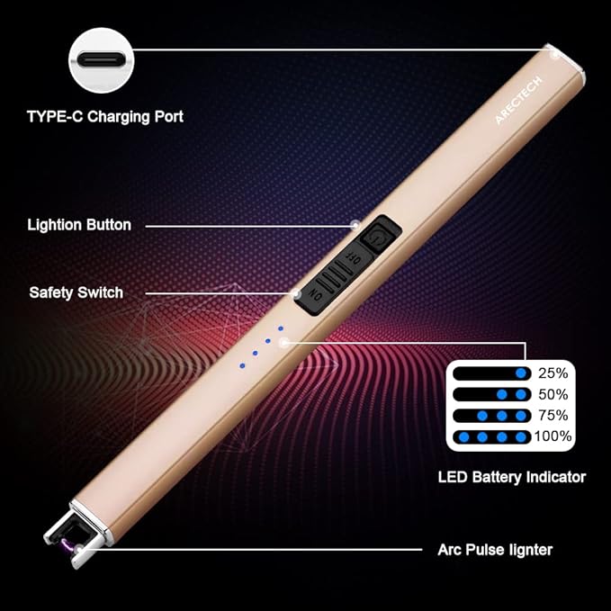 ARECTECH Electric Candle Lighter with Type-C Cable Birthday Gift for Man Women Wife Rechargeable Plasma Arc Lighters for Candle Camping Kitchen Stove Gold