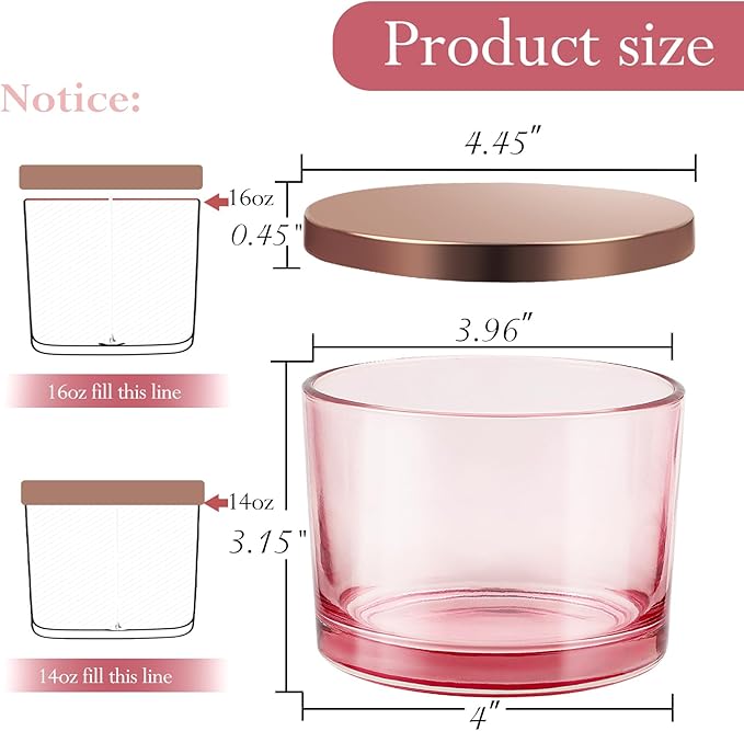 CONNOO 6 Pack 16 oz Candle Jars - 3 Wicks Pink Empty Glass Wide Mouth Candle Jars come with Metal Lids Sticky Warning Labels and a Candle Wick Kit for Candle Making- Dishwasher Safe