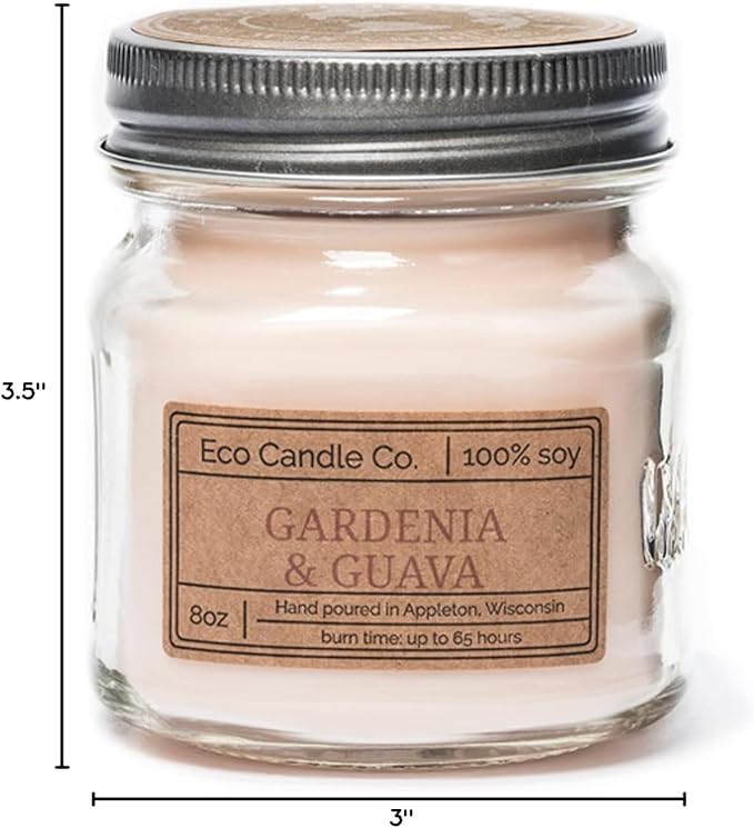 ECO CANDLE CO. Mason Jar Candle, Gardenia & Guava, 8 oz. - Scents of Gardenia, Jasmine, Guava, & Tropical Greens - 100% Soy Wax, No Lead, Kraft Label & Antiqued Pewter Lid, Hand Made