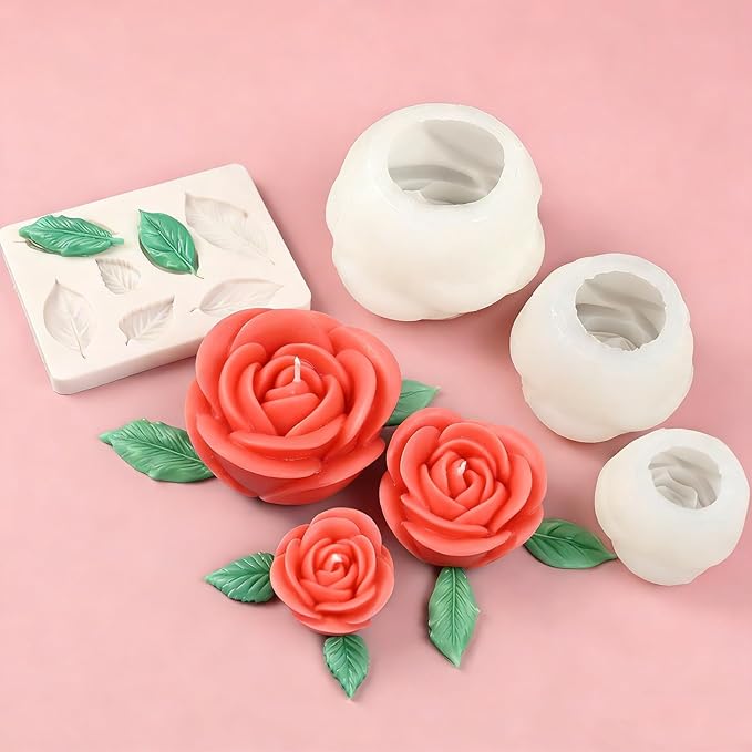 Rose Candle Molds, 4 Pcs Set of Large + Medium + Small 3D Rose Flower Silicone Molds with Leaf Mold for Candle Making, Epoxy Resin Casting, Handmade Soap Clay Plaster Home Décor Mom Gift