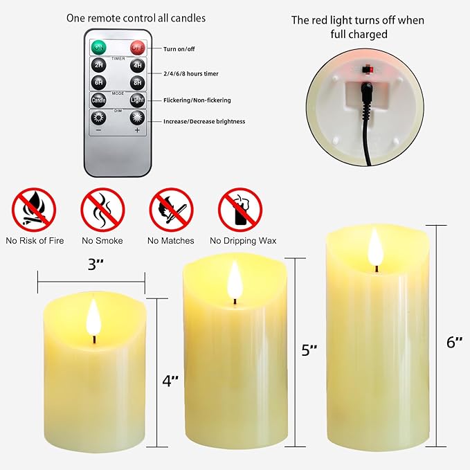 Lezonic Rechargeable Flickering Flameless Candles Battery Operated with Remote and Timer, Pack of 3(D 3'' X H 4''5''6'') Long Lasting Ivory White Real Wax LED USB Pillar Candles