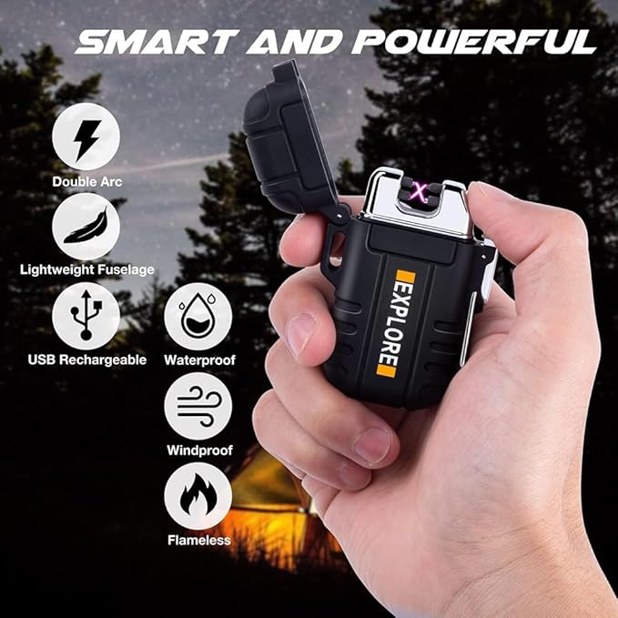 LcFun Electric Lighter Windproof Dual Arc USB Rechargeable Flameless Plasma Lighters Waterproof Matches for Camping Hiking Survival Tactical Gear Birthday Gifts for Men Husband