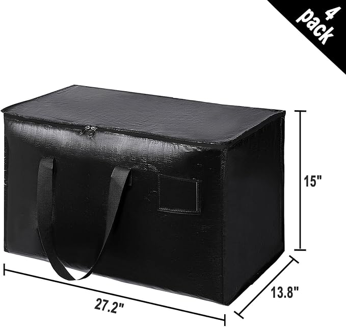 4 Pack Large Moving Bags with Zippers & Carrying Handles, Heavy Duty Storage Tote Moving Boxes ，Space Saving(Black, 4 Pack)