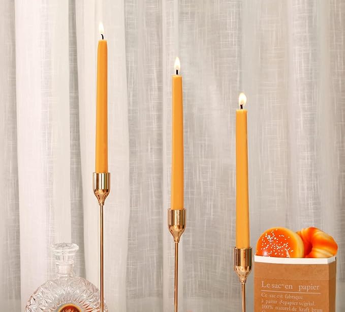 100% Pure 8 Inch Natural Bees Wax Taper Candlestick 12Pack - 8 Hours Long Burning, Smokeless, Dripless and Unscented for Home Decor Party Dinner