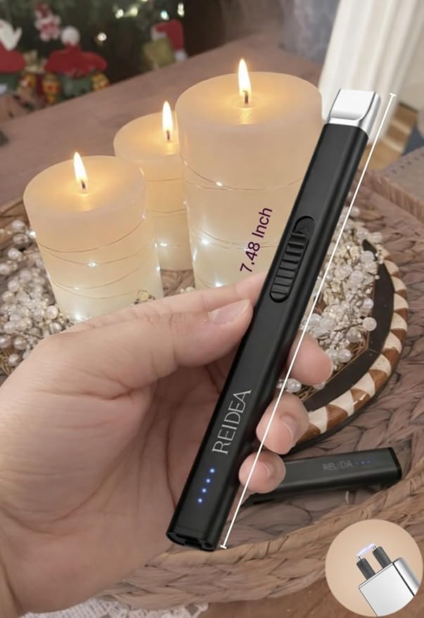 REIDEA Electric Lighter Gift for Candle Lovers, Windproof Flameless USB Rechargeable Arc Retractable Lighter with Safe Button and Power Indicator for Candle, BBQ and Fireworks, R1 Flat, Obsidian Black