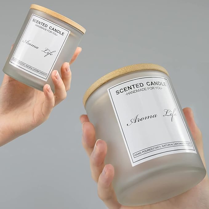 Creahaus 10oz, 16 Pack Thick Candle Jars with Bamboo Lids for Making Candles, Bulk Frosted Empty Glass Candle Containers & Sticky Labels, Warming Labels Kit, Heat Resistant Candle Vessels
